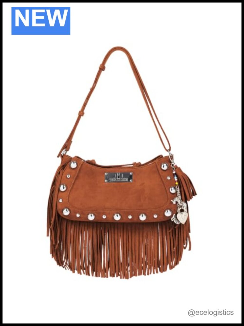 Faux Leather Fringe Hobo Bag with Studded Trim Adjustable Shoulder Purse